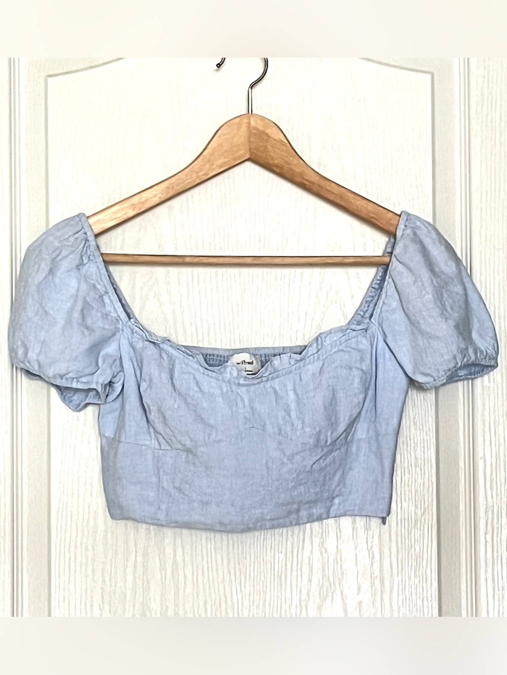 Aritzia Wilfred Wander Organic Linen Puff Sleeve Crop Blouse Light Blue Size S